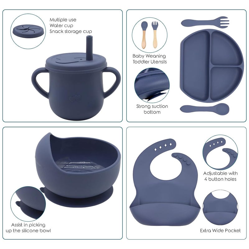 Dormlony 100% Silicone Baby Feeding Set, BPA Free Baby Dishes with Suction Bowl, Divided Plate, Toddler Self Feeding Dish Set with Spoons, Forks, Sippy Cup and Bib, Baby Eating Utensils (Navy Blue) - Image 3